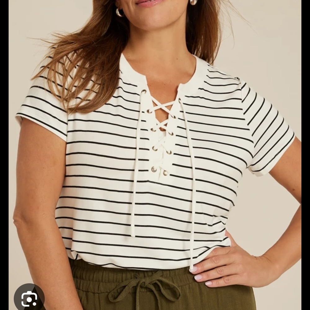 Maurices Black and White Striped Lace-Up Tee
